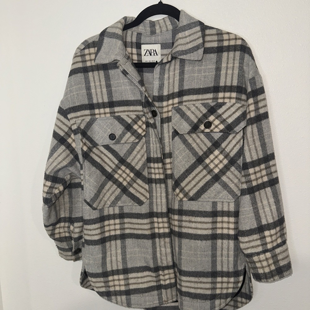 Zara Women's Oversized Flannel Jacket‎ S Grey And Cream
